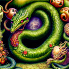 Colorful Artwork: Green Serpent Among Fruits and Flowers