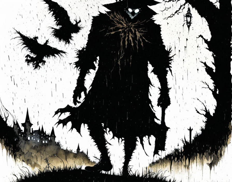 Shadowy Figure with Spider Emblem in Front of Gothic Castle and Crow