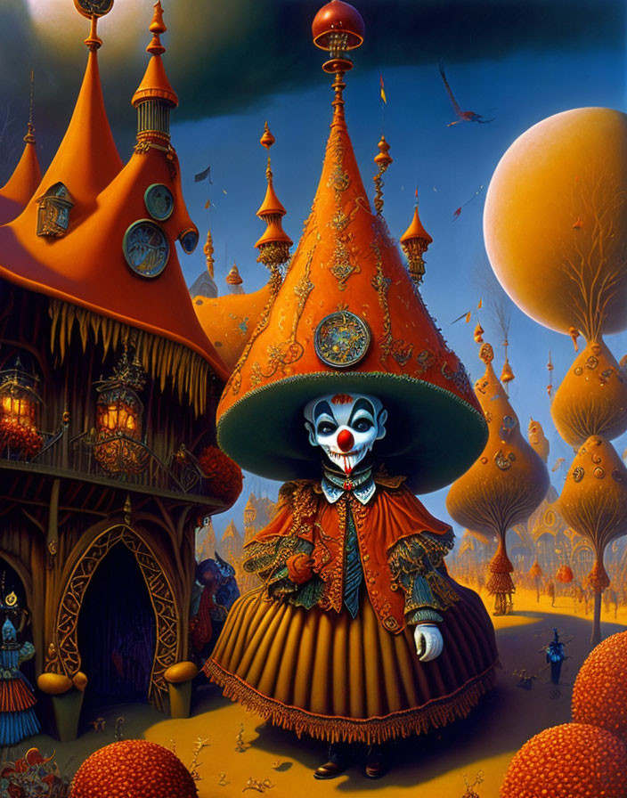 Surreal illustration: clown with oversized hat in fantastical setting