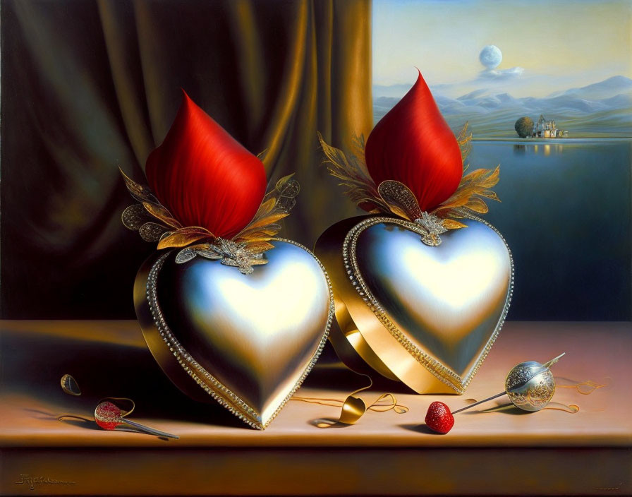 Ornate heart-shaped metallic objects with red leaves and golden laurels on table with surreal landscape.