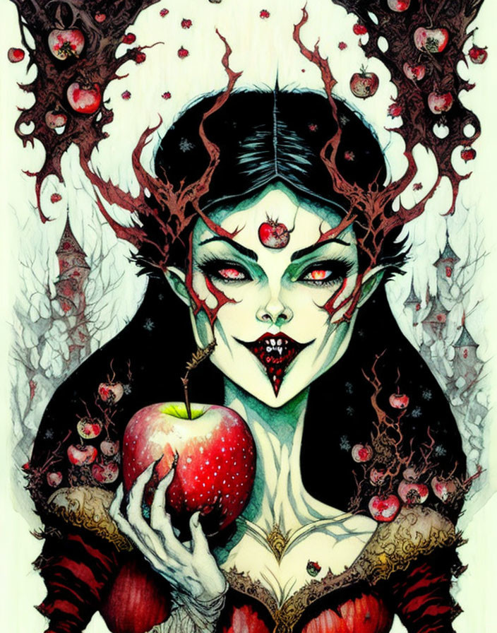 Pale woman with dark hair and red eyes holding a red apple, wearing a crown, in an apple