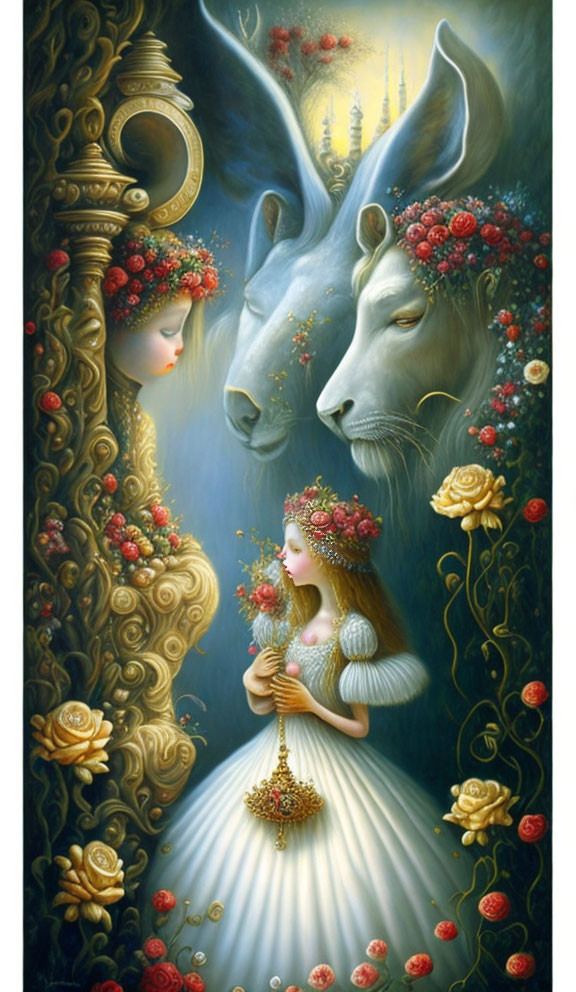 Fantasy artwork: Woman with floral adornments and serene donkey by distant castle
