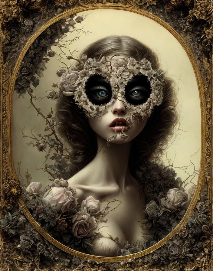 Detailed portrait of woman in floral mask, framed in vintage gold, with dark roses.