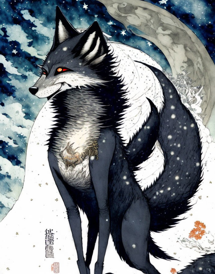 Monochrome fox illustration with red eyes in snowy night scene