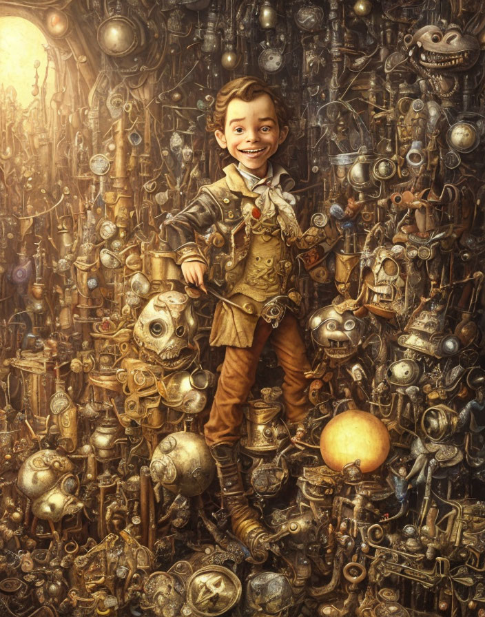Young boy in vintage attire surrounded by whimsical steampunk contraptions and oddities.
