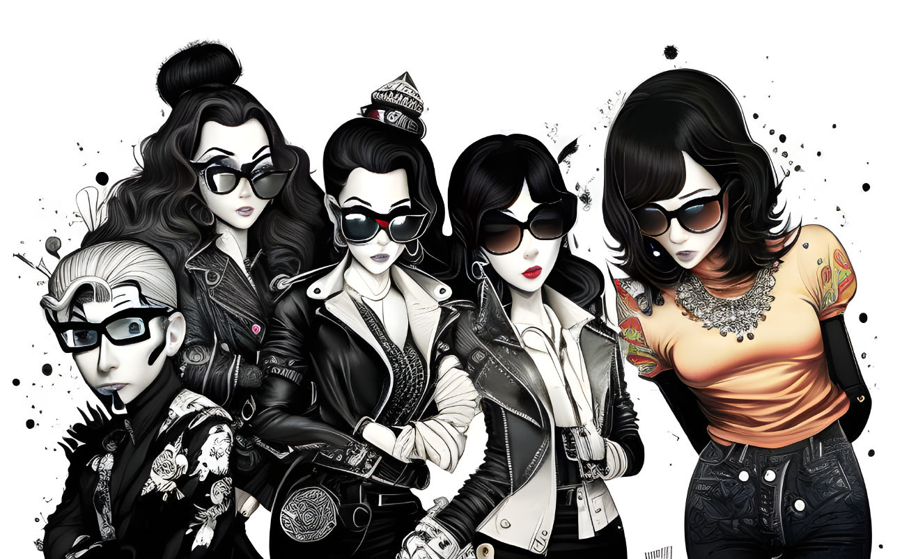 Stylized female characters with unique fashion styles on white background