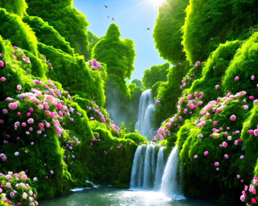 Scenic green valley with waterfalls, pink flowers, birds, and sun