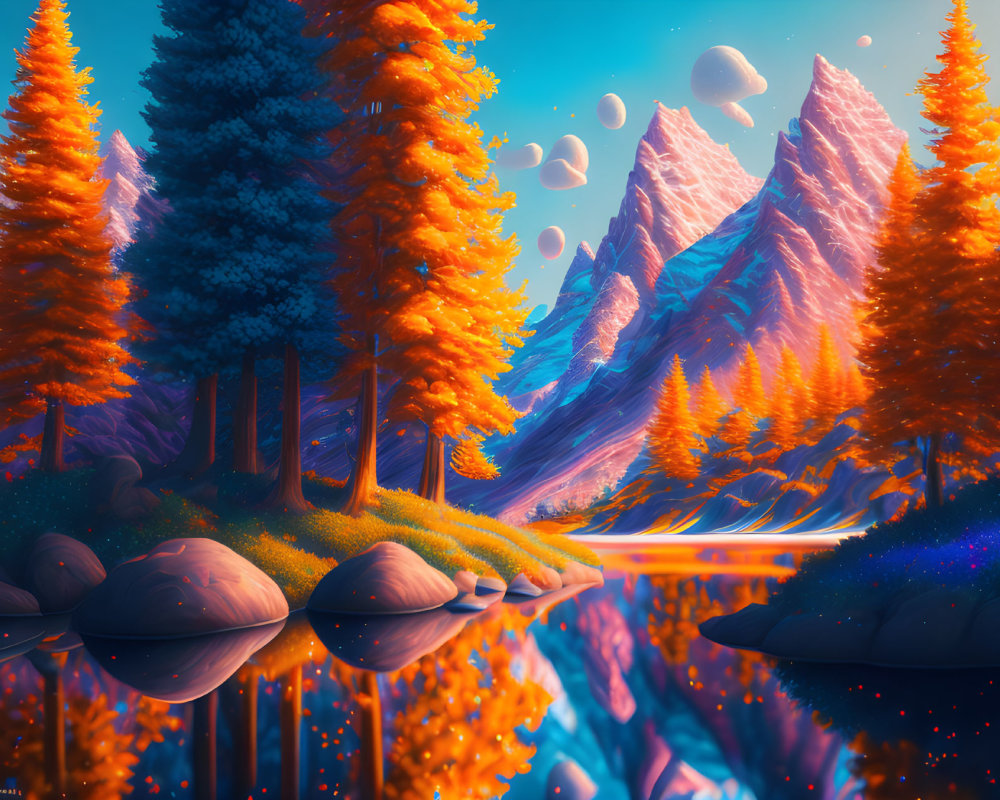 Scenic autumn forest with snowy mountains, river, floating rocks at twilight