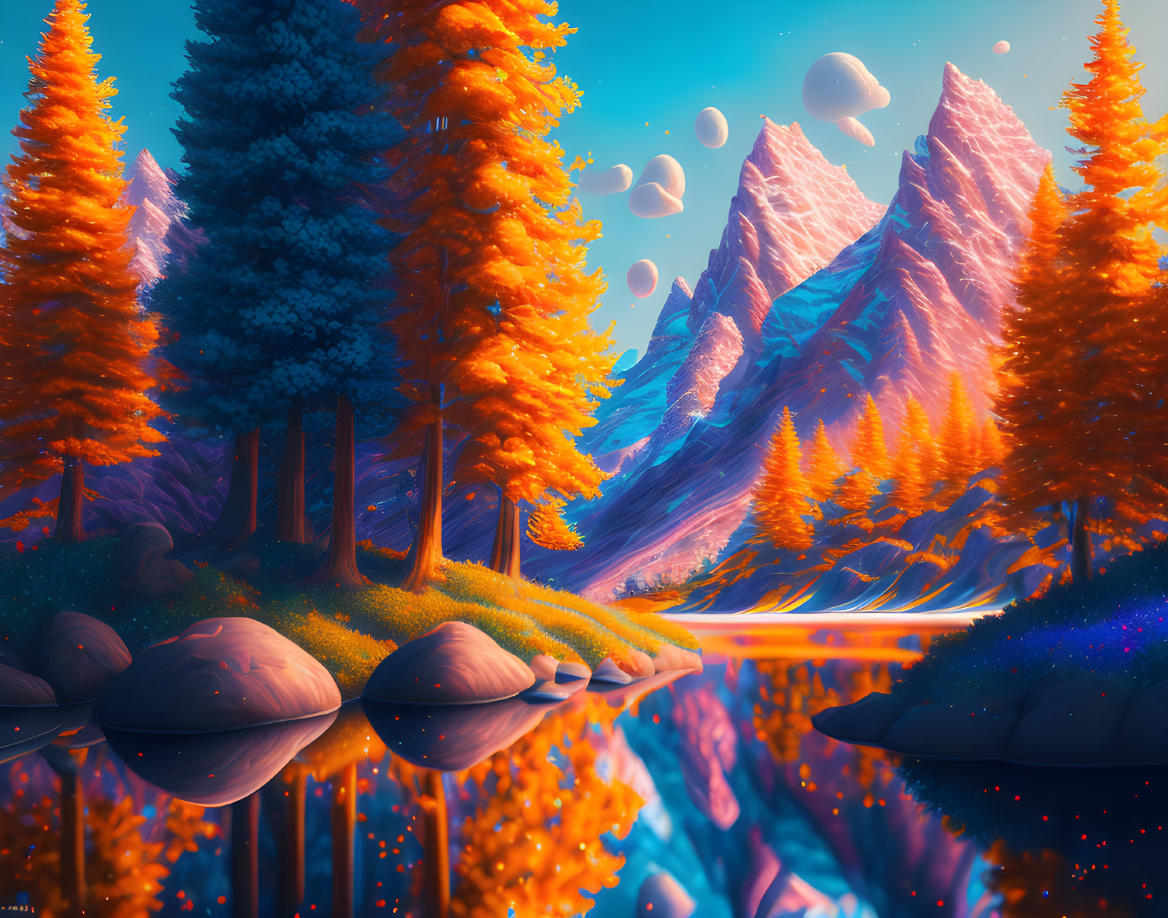 Scenic autumn forest with snowy mountains, river, floating rocks at twilight