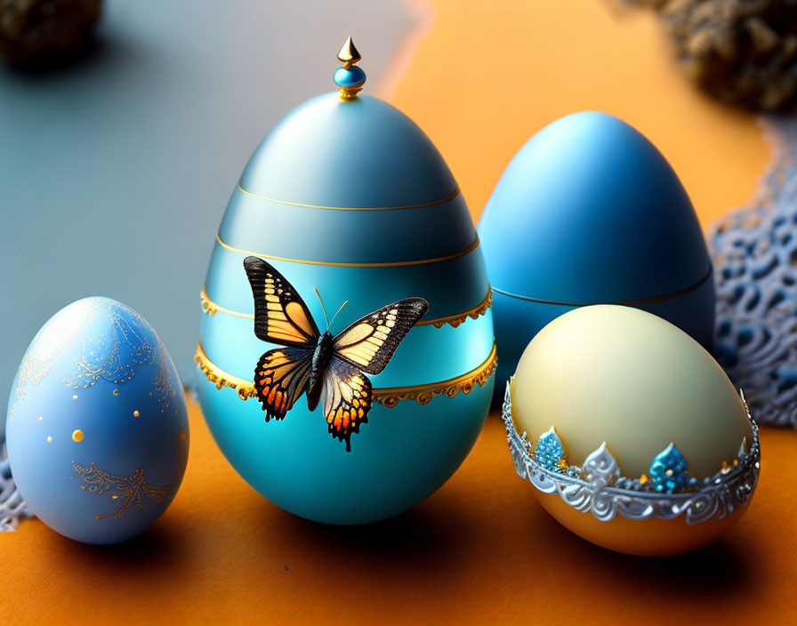 Ornate Easter eggs in blue and cream with golden details and butterfly on orange backdrop