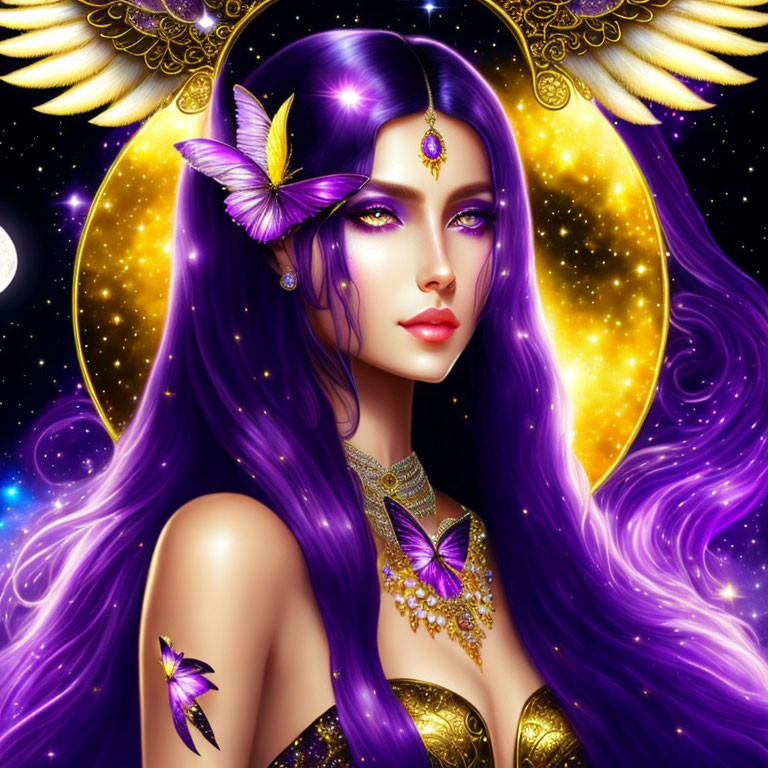 Illustrated woman with purple hair, halo, wings, butterflies, moon, starry night background