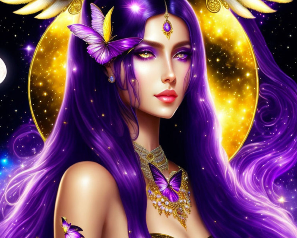 Illustrated woman with purple hair, halo, wings, butterflies, moon, starry night background