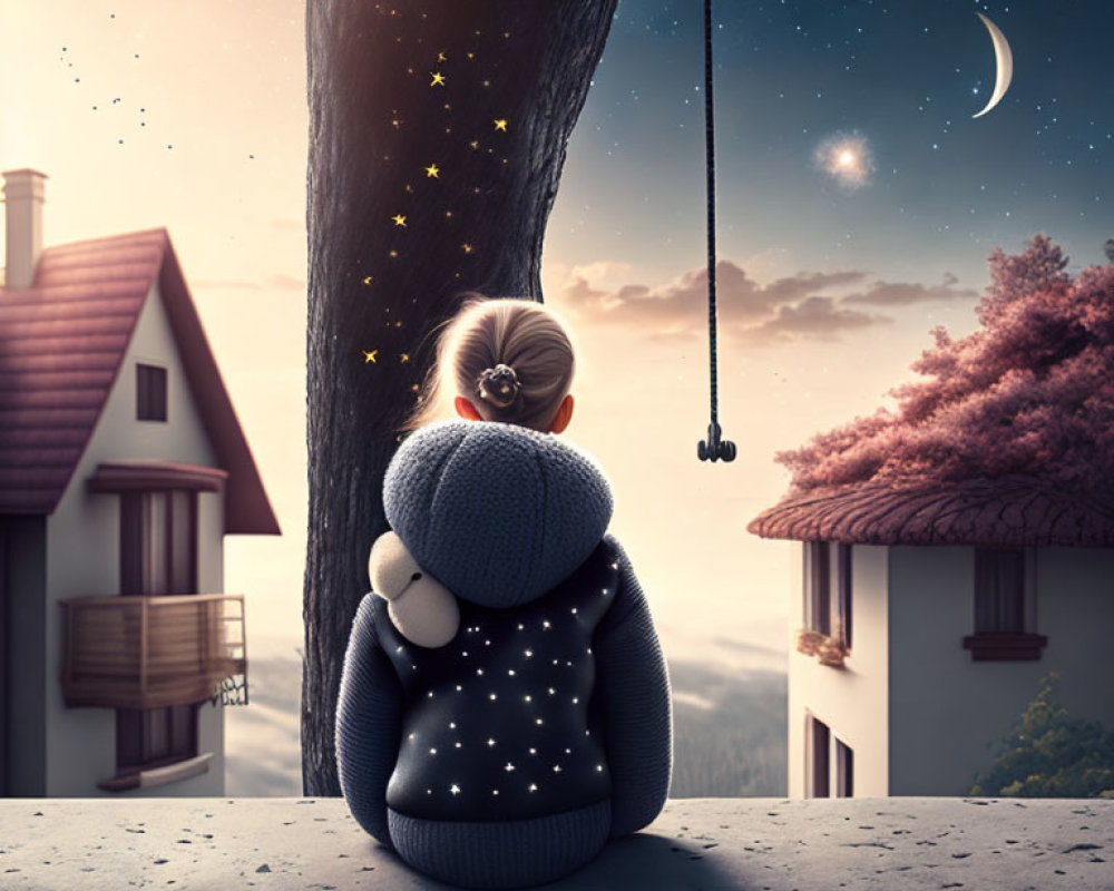 Child in star-patterned sweater hugs teddy bear on wall at dusk with swing nearby