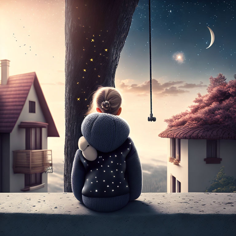 Child in star-patterned sweater hugs teddy bear on wall at dusk with swing nearby