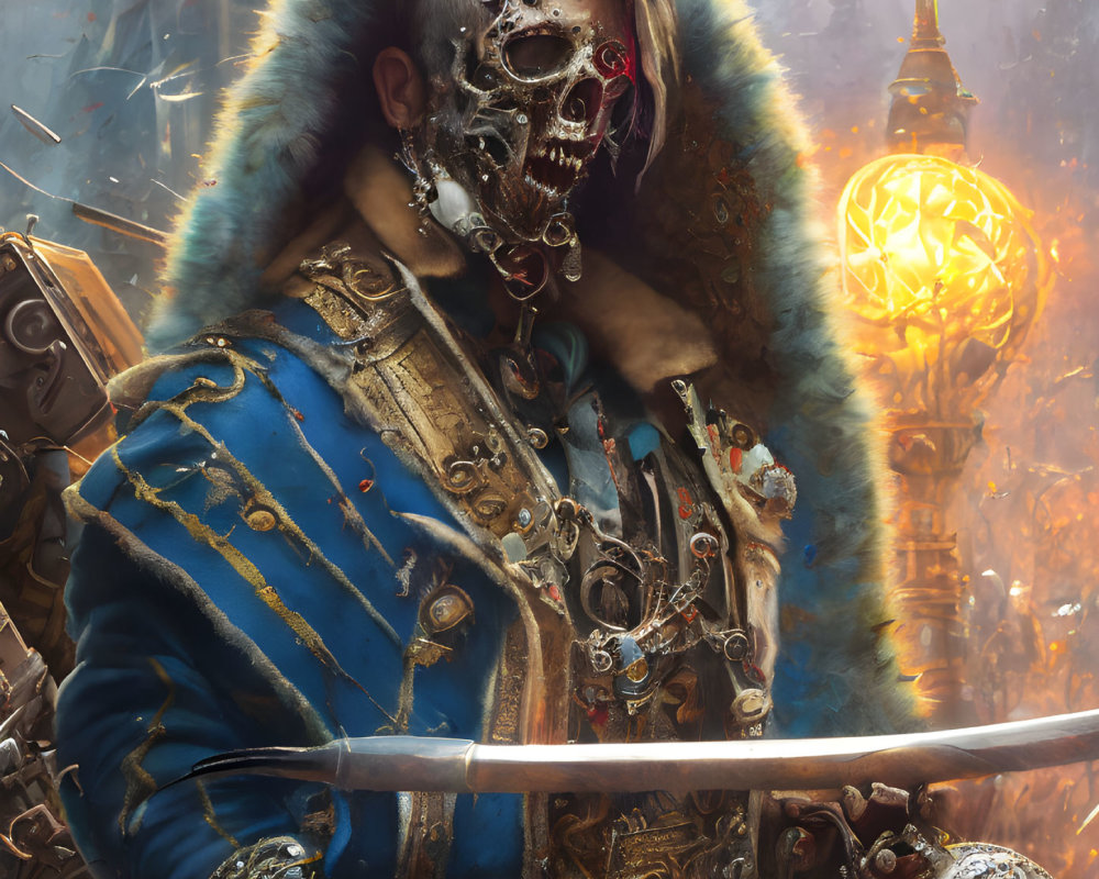 Menacing figure in blue coat with fur collar wields sword with skull mask and red eyes.