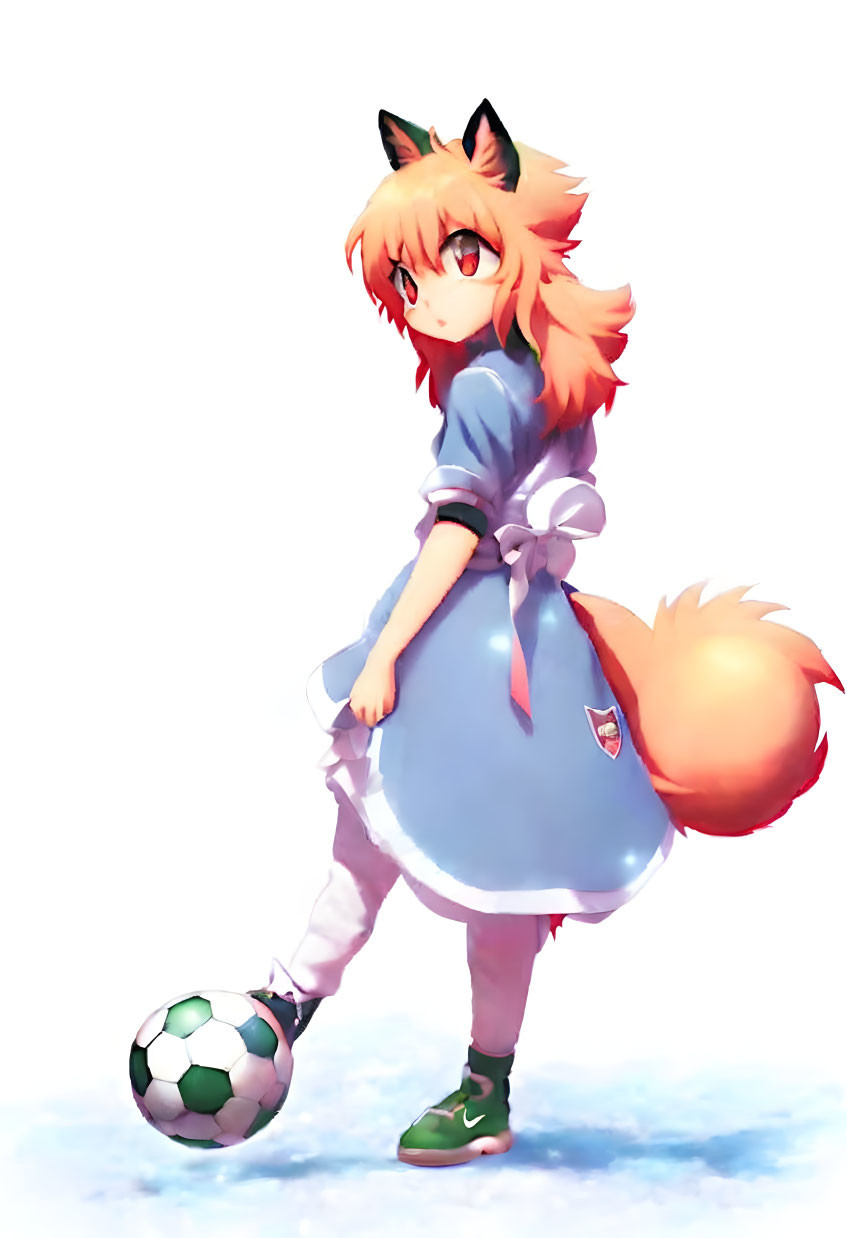Blonde-Haired Fox Girl in Blue Dress Playing Soccer