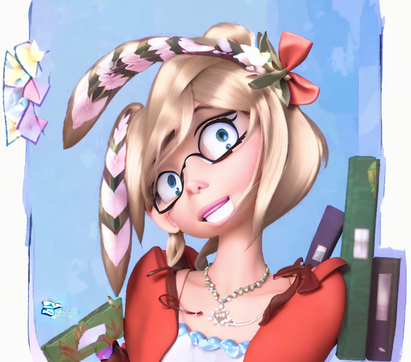 Blonde Female Animated Character with Glasses and Floral Headband