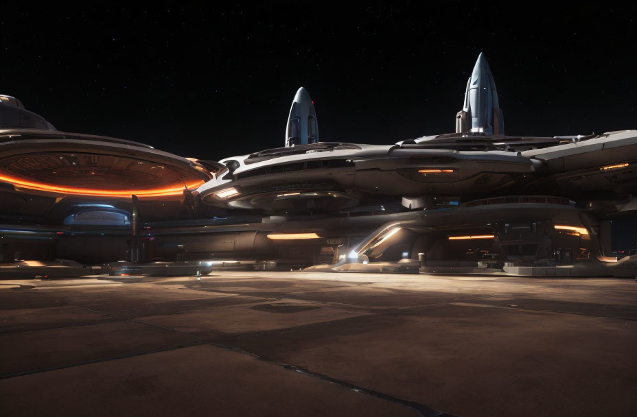 Futuristic Spaceport at Night with Two Docked Spacecraft