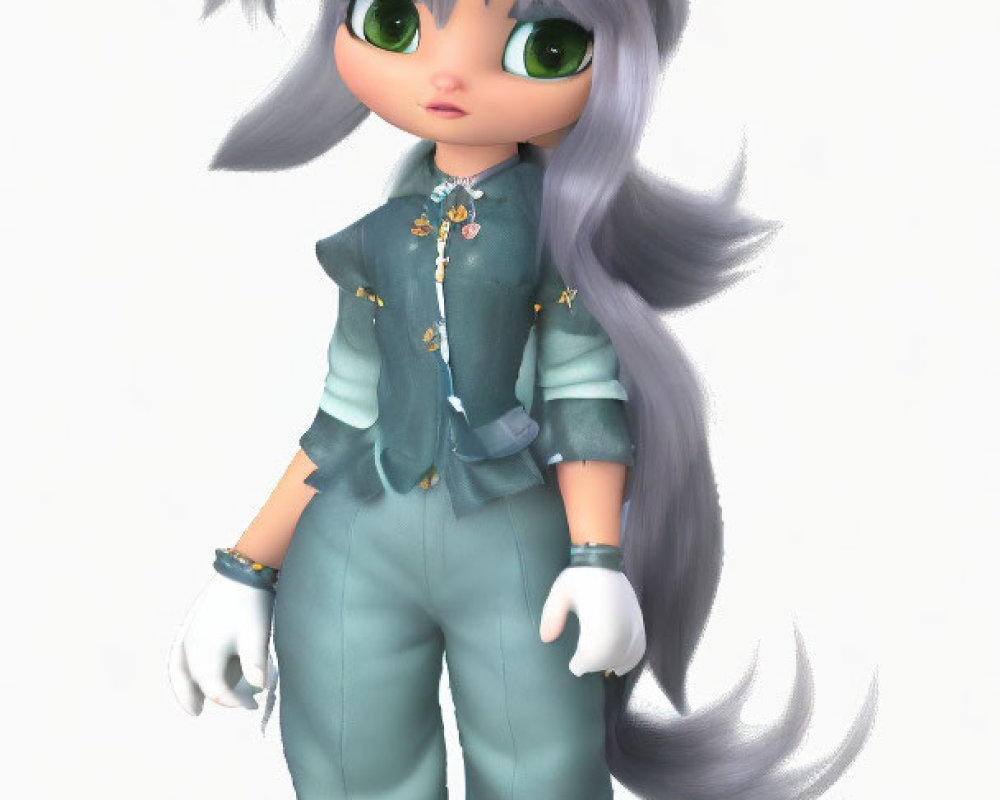 Anime-style 3D illustration of character with grey hair, green eyes, dragon horns, blue outfit