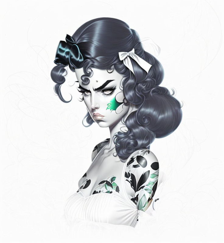 Stylized illustration of woman with grey hair, blue bow, teardrop makeup, floral dress