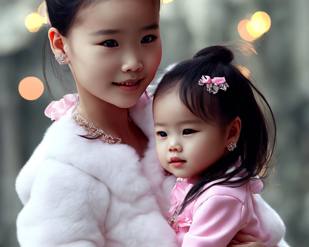 Young girls embracing in pink and white outfits, one smiling, with bokeh light background.