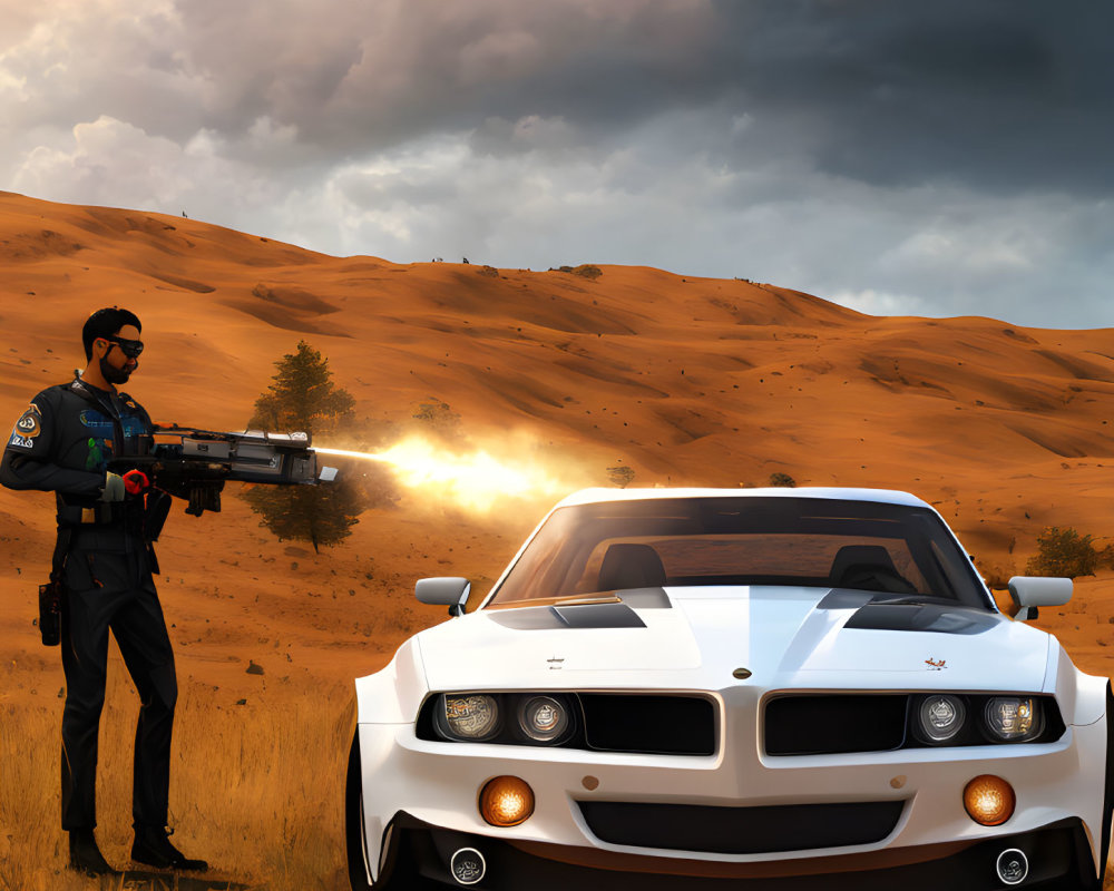 Police officer in blue uniform firing weapon next to white sports car in golden field.