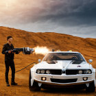 Police officer in blue uniform firing weapon next to white sports car in golden field.