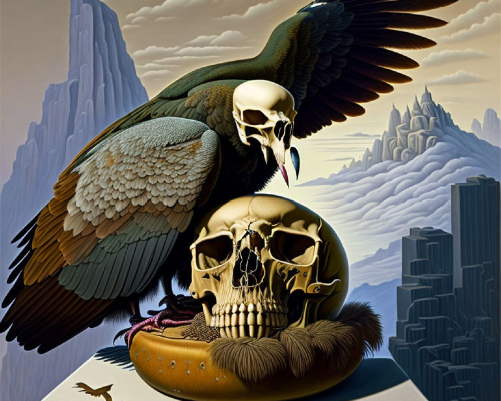 Surreal painting of vulture on human skull with rocky mountains & cloudy skies