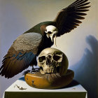 Surreal painting of vulture on human skull with rocky mountains & cloudy skies