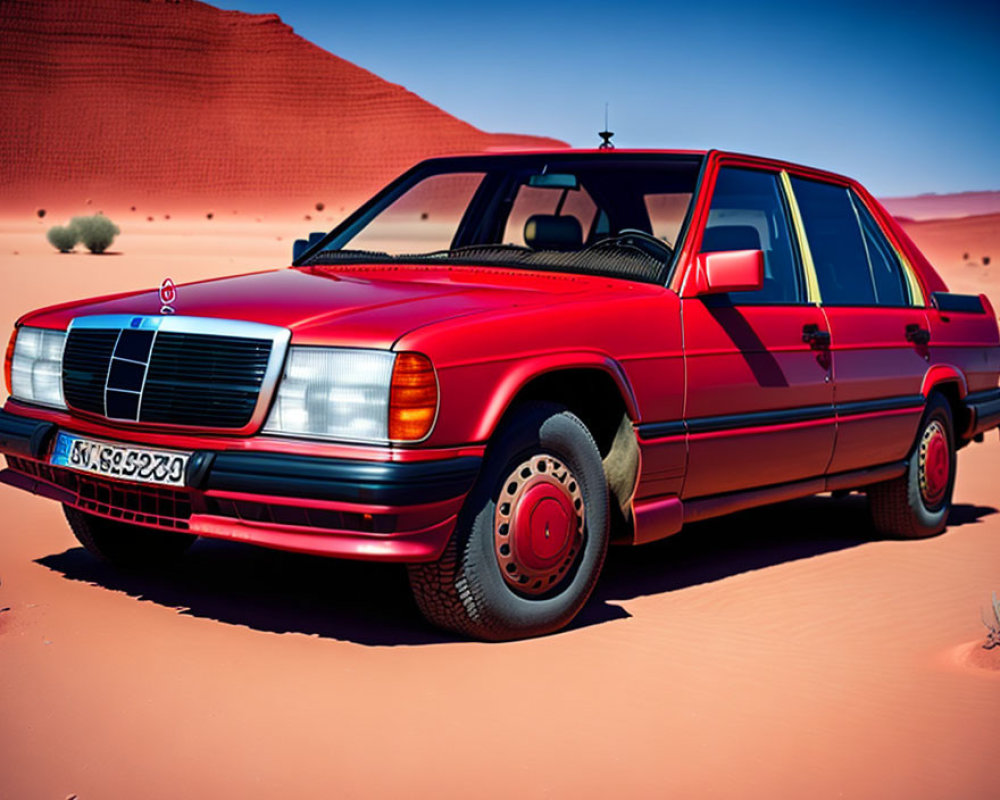 Vintage Red Mercedes-Benz Parked in Desert Landscape