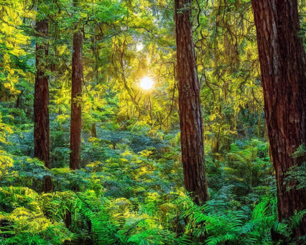 Lush green forest with tall trees and sunlight filtering through