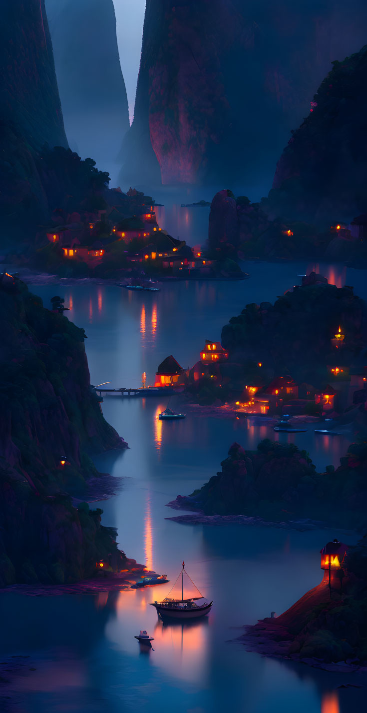 Night scene with illuminated houses, mountains, river, and boat.