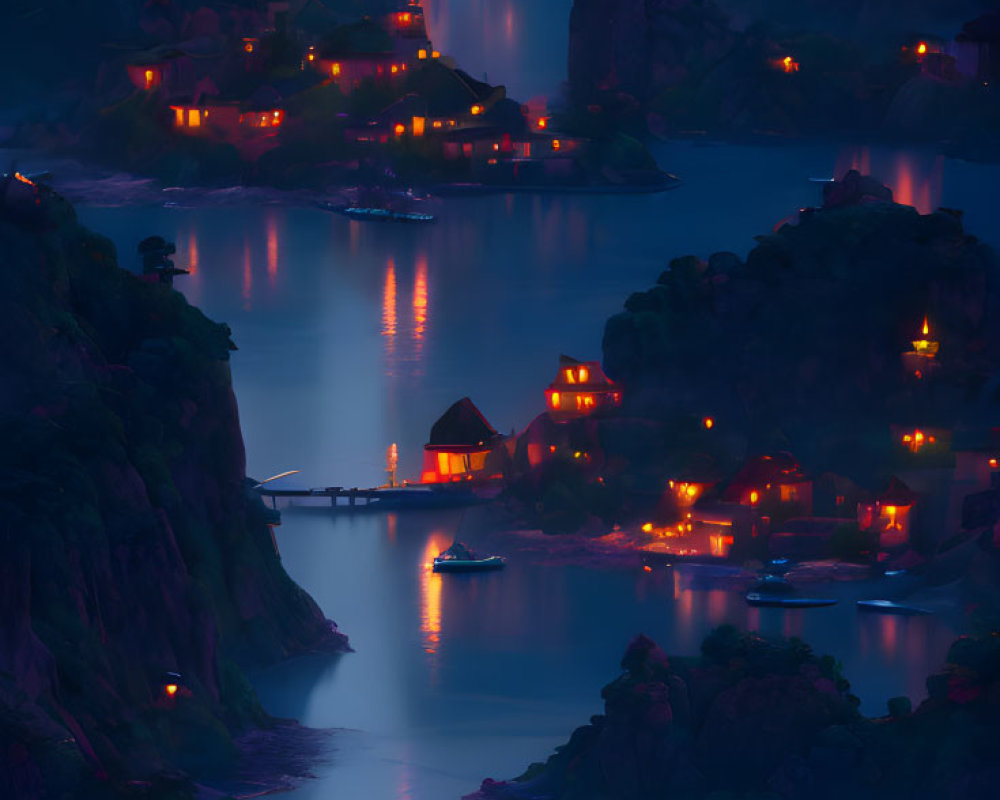 Night scene with illuminated houses, mountains, river, and boat.