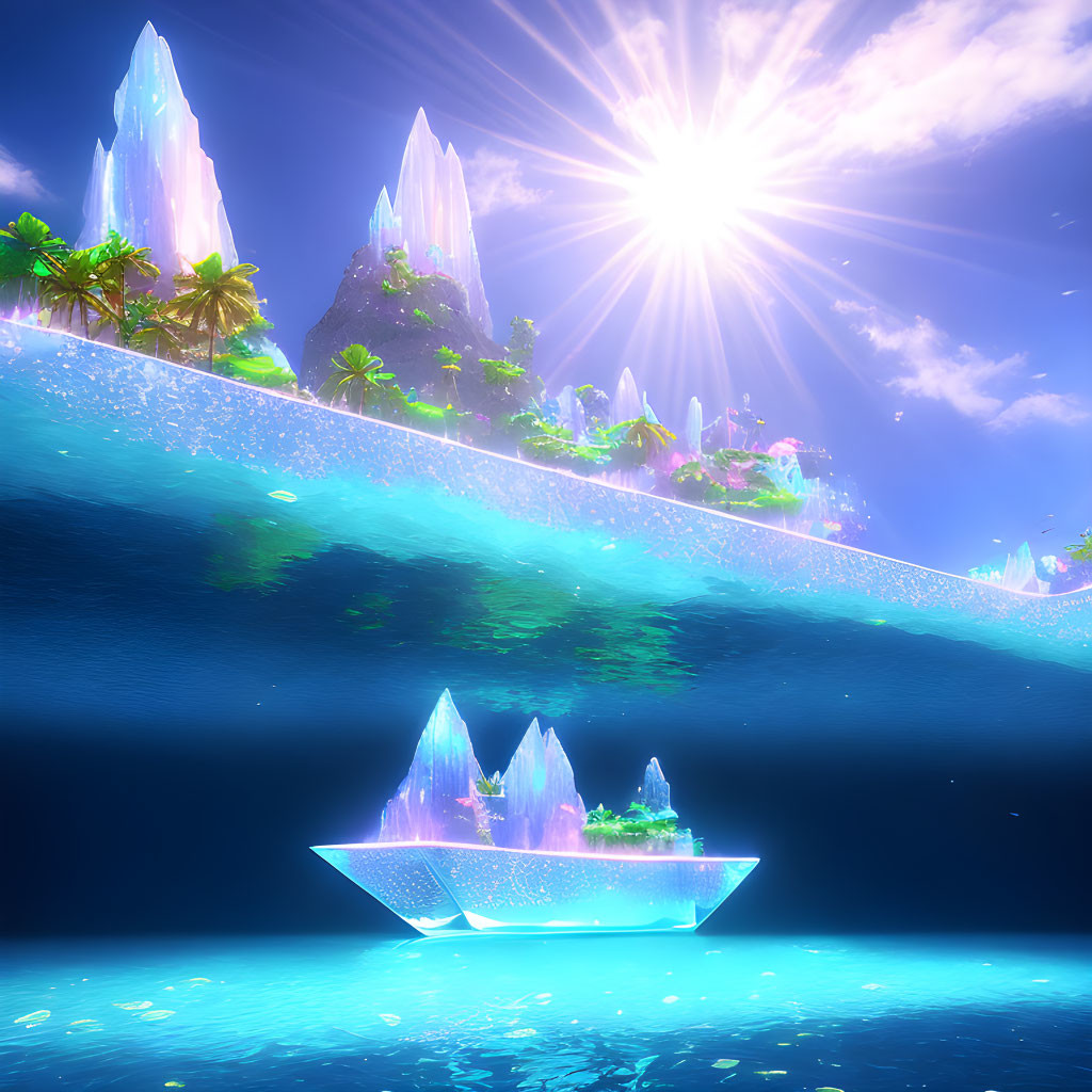 Fantastical image of floating islands with crystalline structures and palm trees