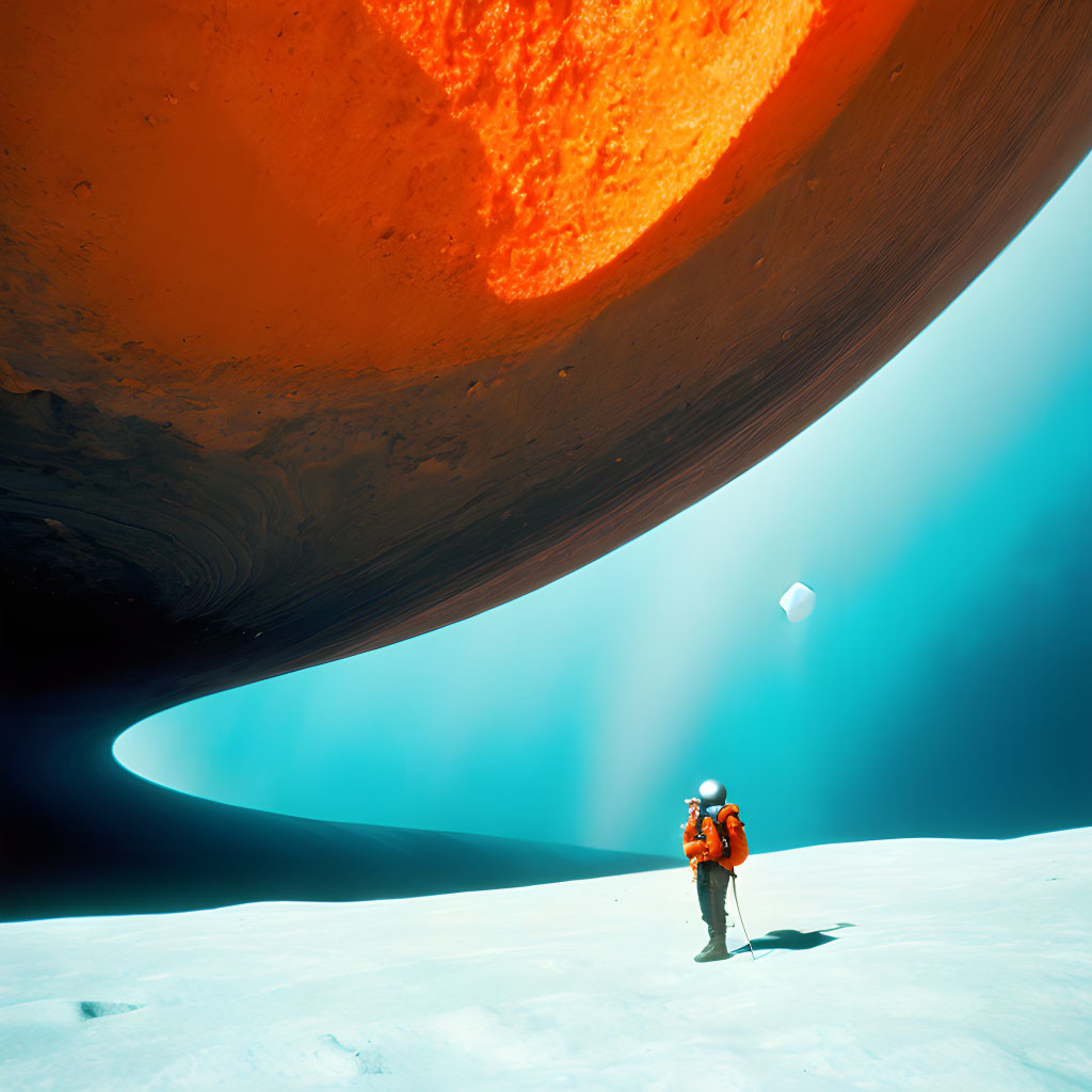 Astronaut on Snowy Surface Gazes at Giant Orange Planet