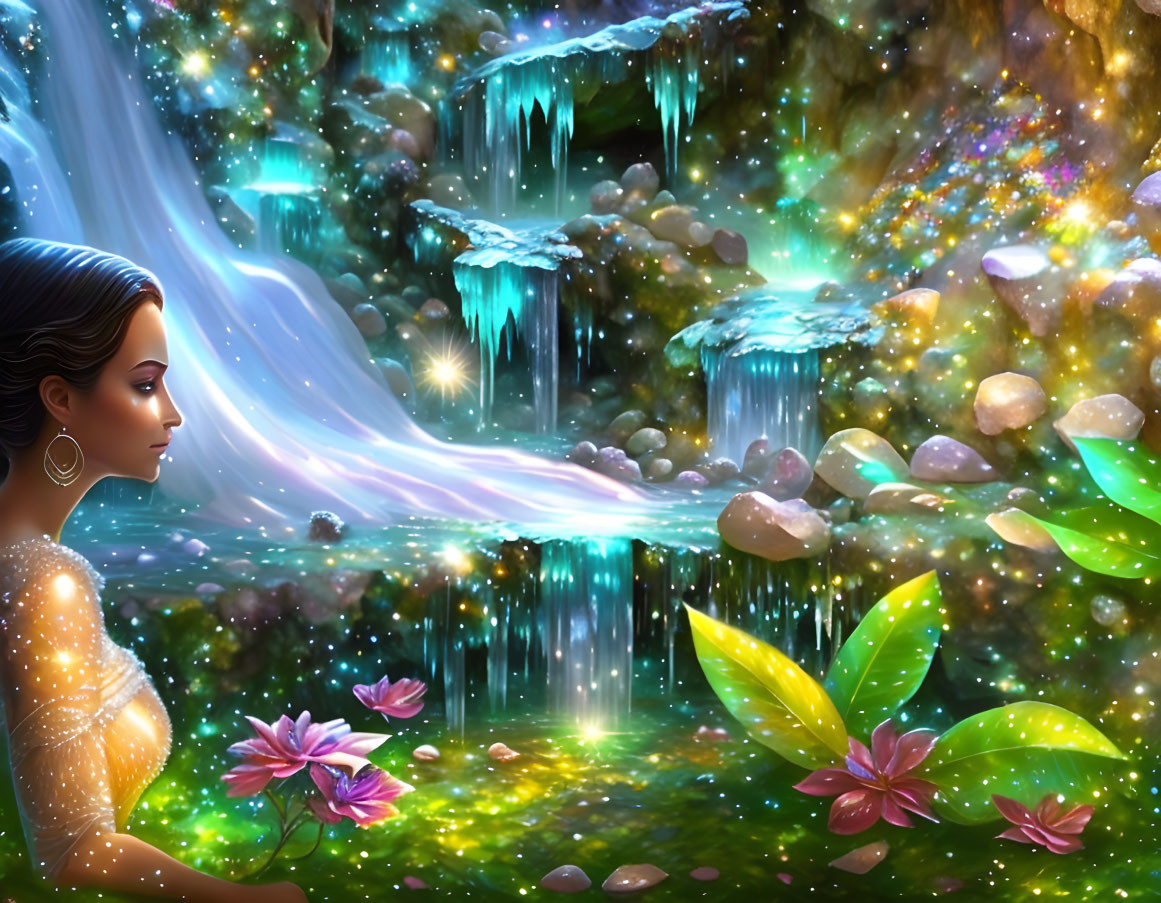 Ethereal landscape with glowing waterfalls and flowers