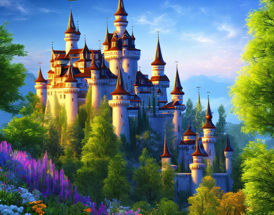 Majestic fairy-tale castle in lush greenery and vibrant flowers