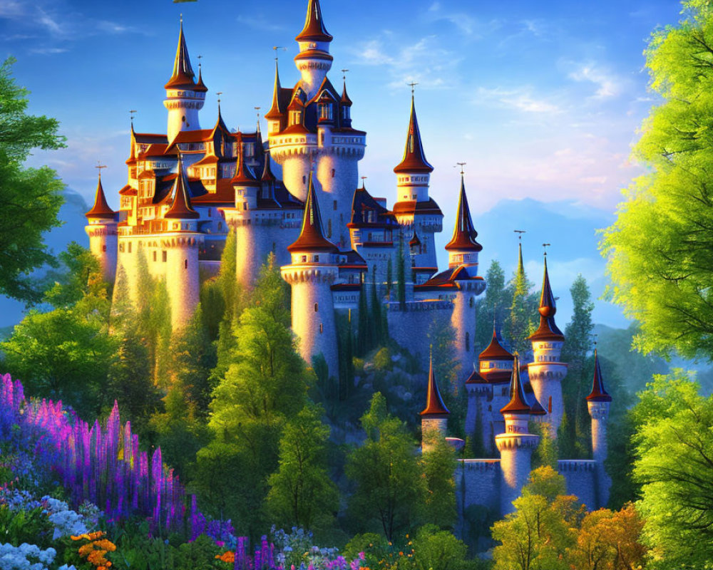 Majestic fairy-tale castle in lush greenery and vibrant flowers