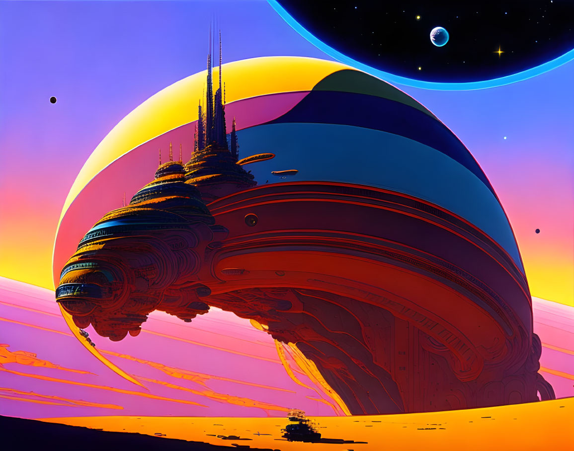Futuristic floating city under celestial body in sci-fi landscape