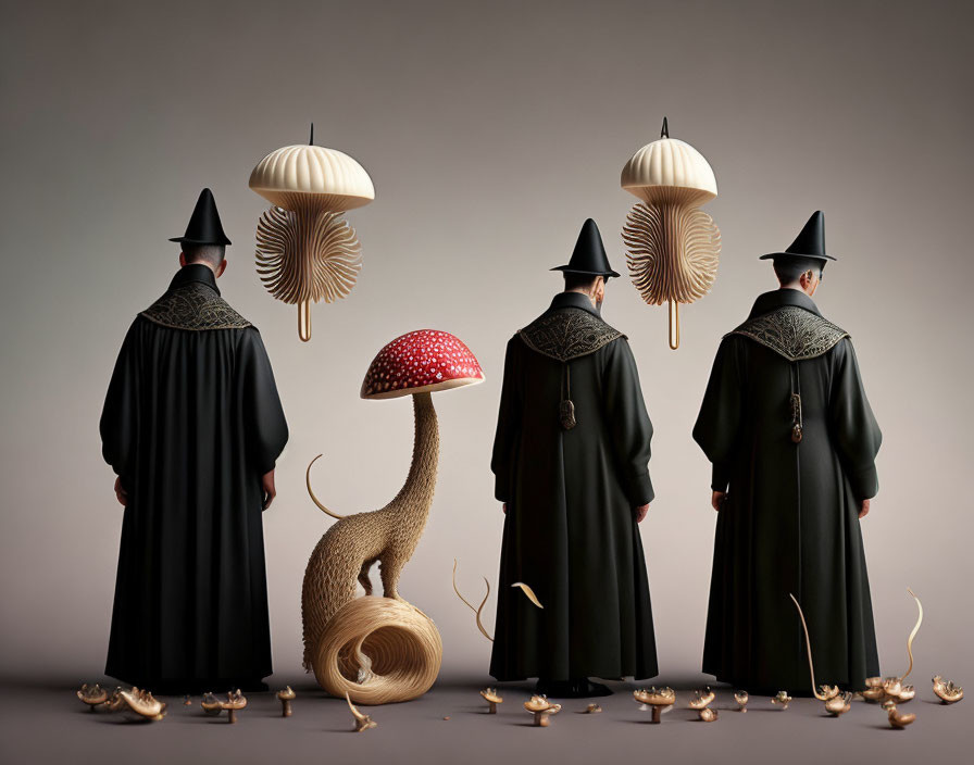 Four Cloaked Figures with Mushroom and Snail Features in Dimly Lit Space