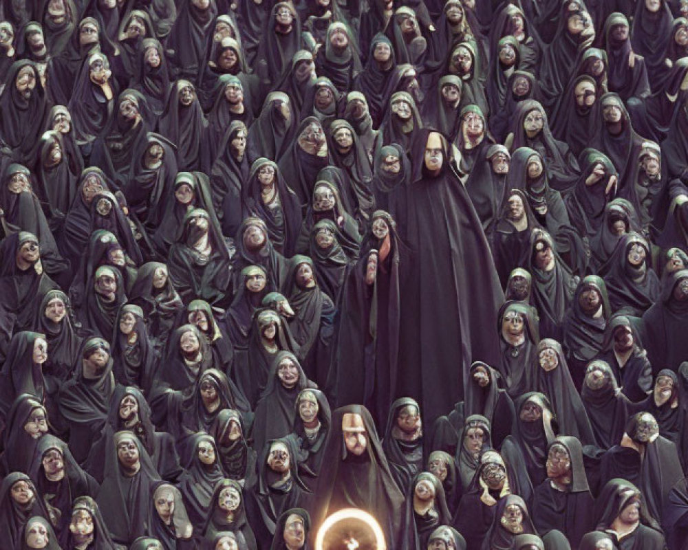 Group of Figures in Dark Cloaks with Central Glowing Orb