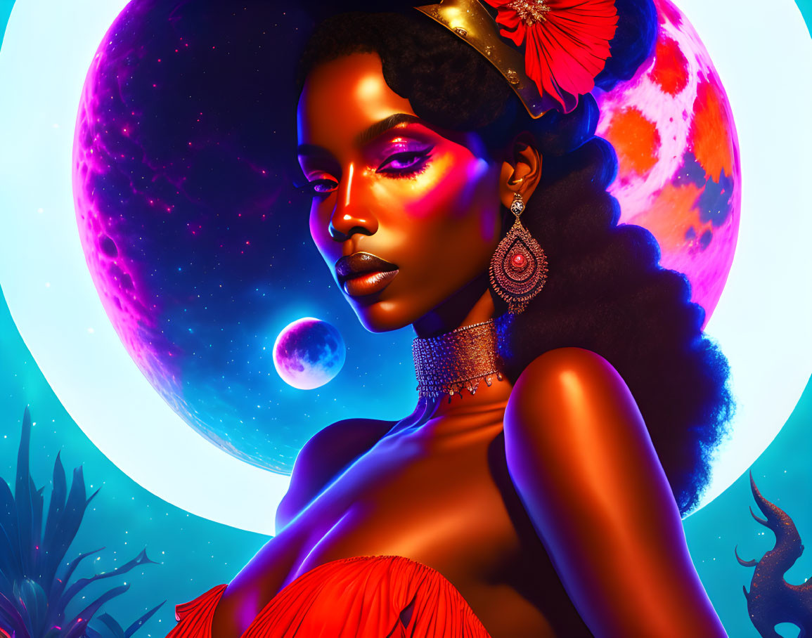 Colorful digital portrait of a woman with glowing makeup and red floral hair against a cosmic moonlit backdrop
