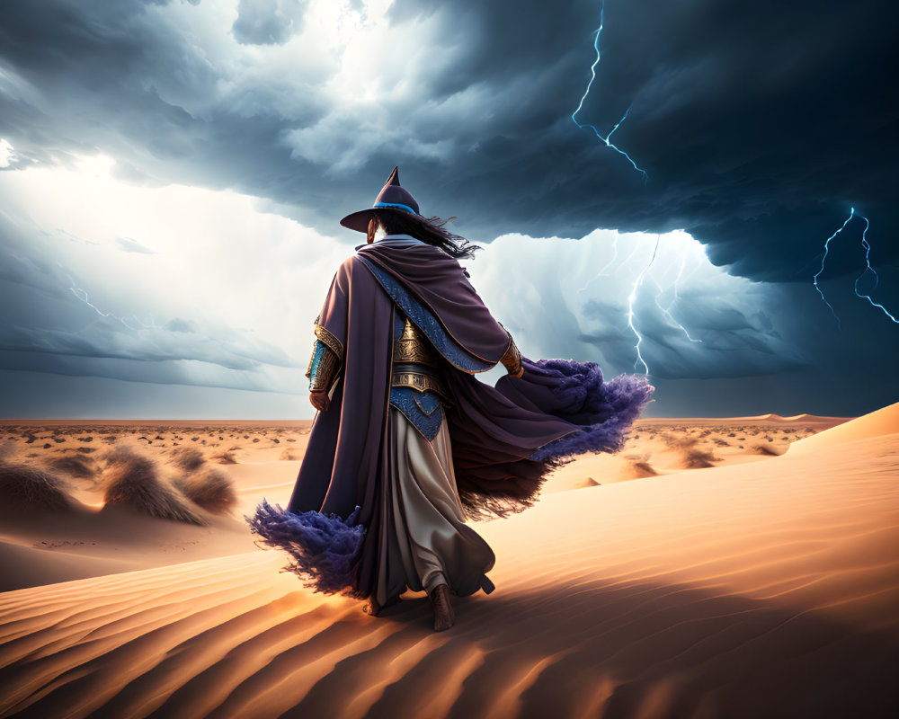 Cloaked Figure on Desert Dune under Stormy Sky with Lightning