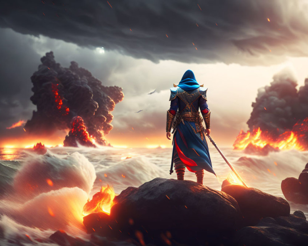 Cloaked warrior observing volcanic eruption near ocean under stormy sky