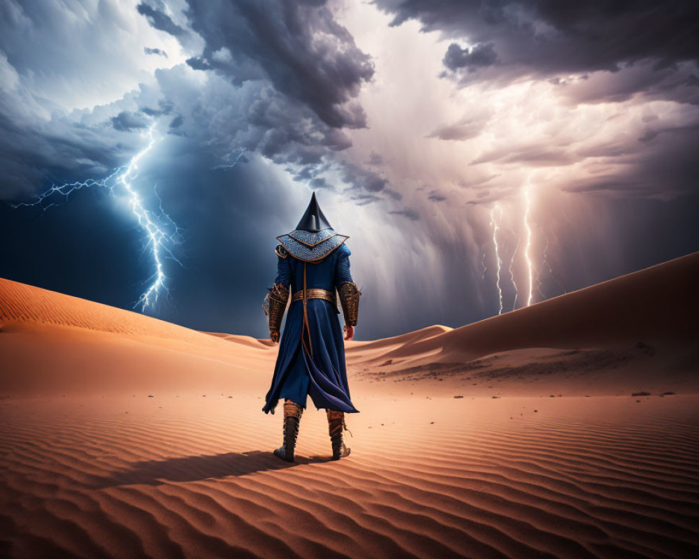 Medieval armored figure on desert dune under lightning storm
