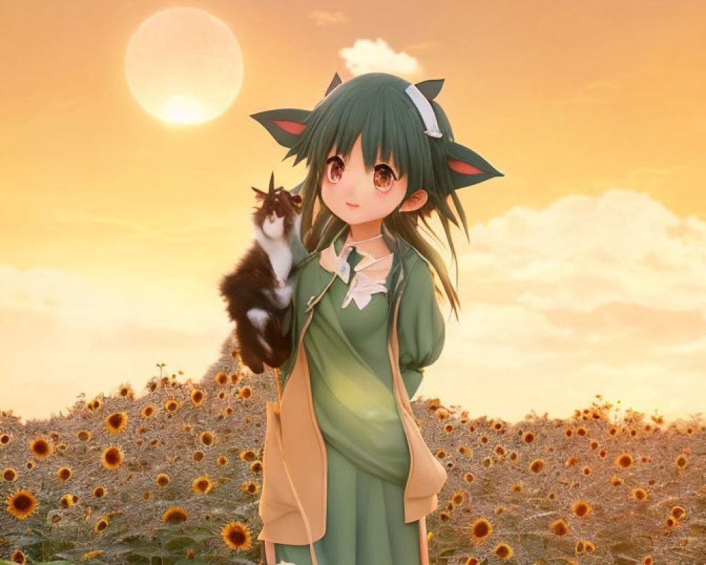 Girl with Green Hair and Cat Surrounded by Sunflowers at Sunset