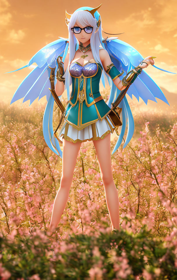 Blue-winged elf-like character in glasses and colorful armor with a bow in a sunset flower field
