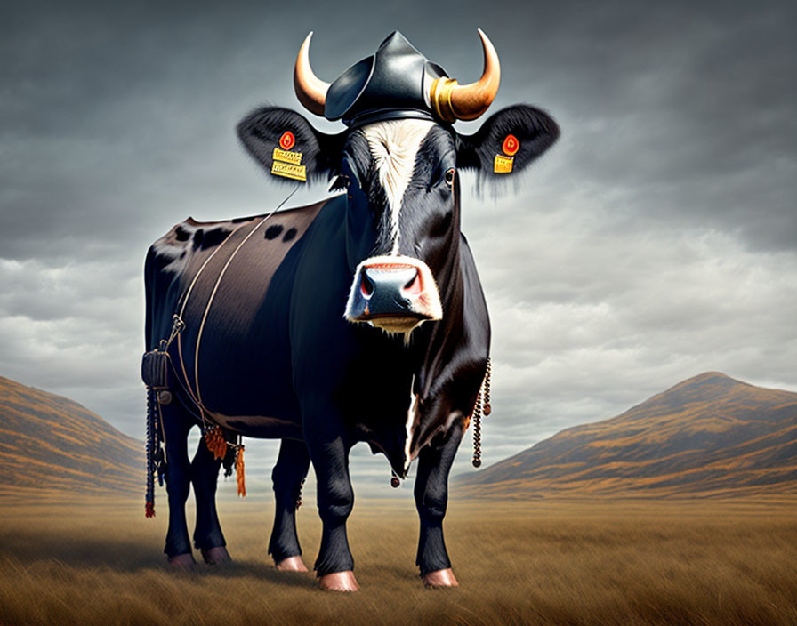 Black cow with elaborate earrings and gold-tipped horns in field.