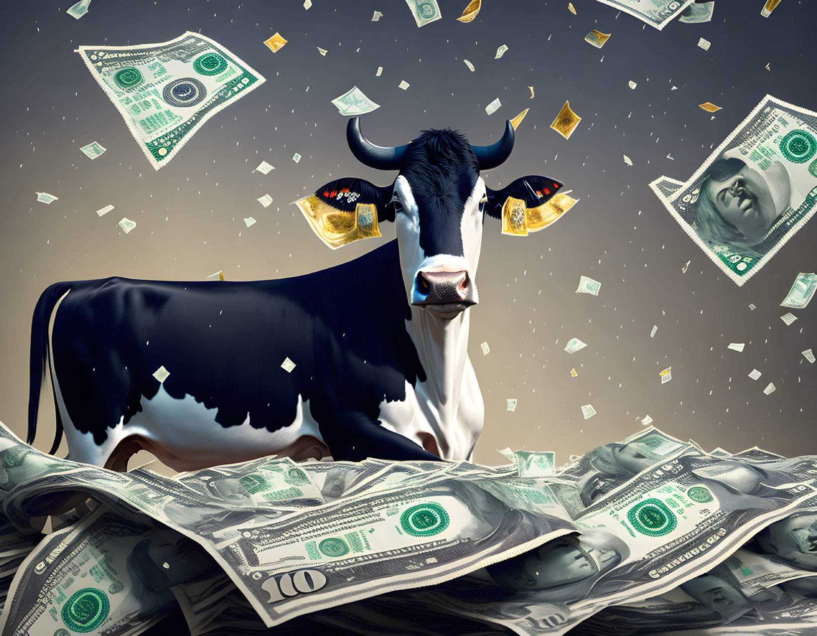 Bull among falling dollar bills symbolizes financial uptrend