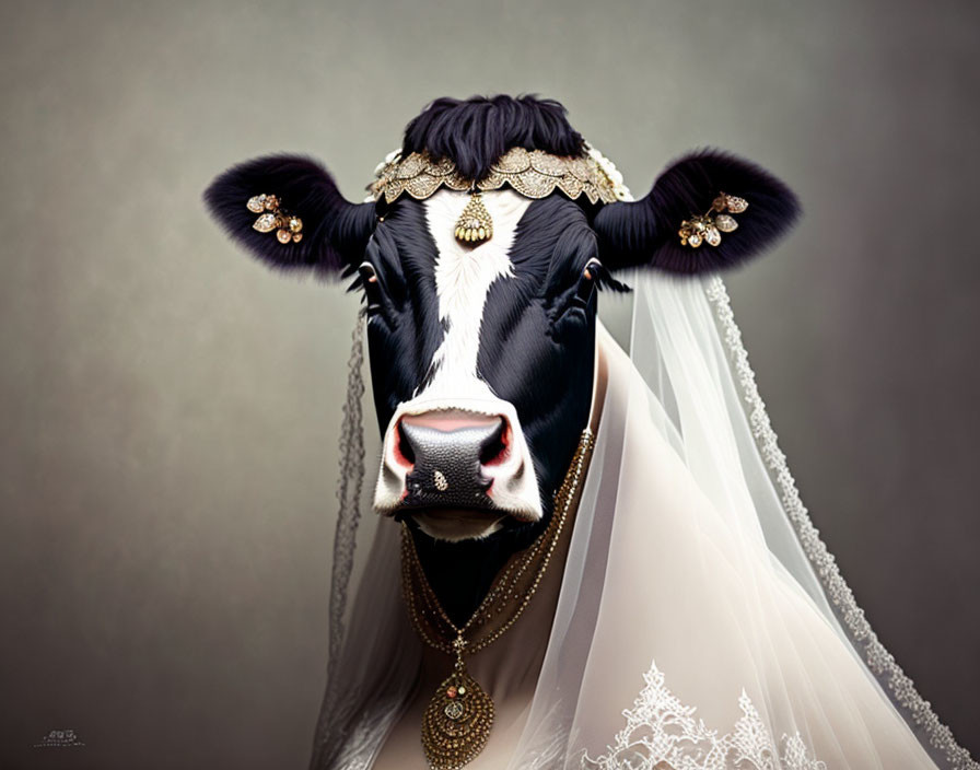 Cow adorned with bridal veil, earrings, and necklace in whimsical image